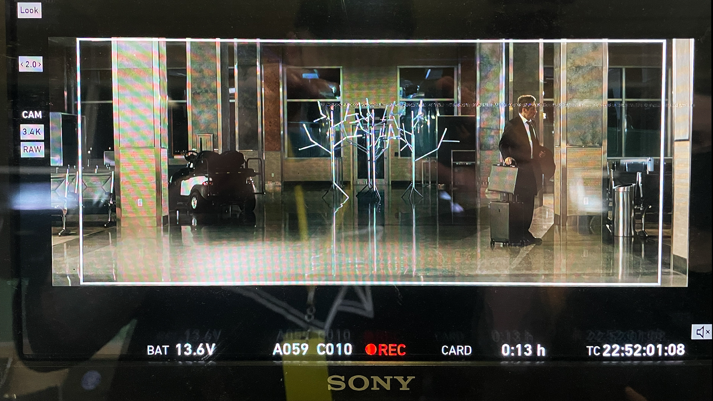 What Happens Later set and sculpture viewed through a production monitor
