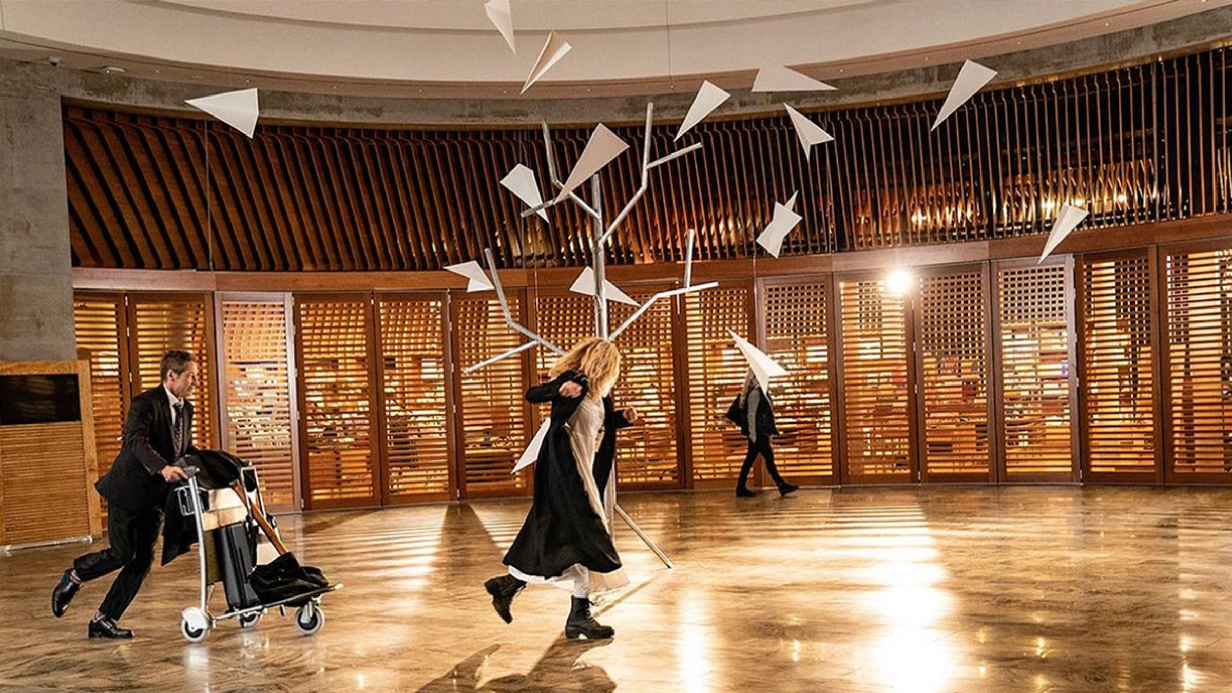 What Happens Later actors moving through the sculptural set