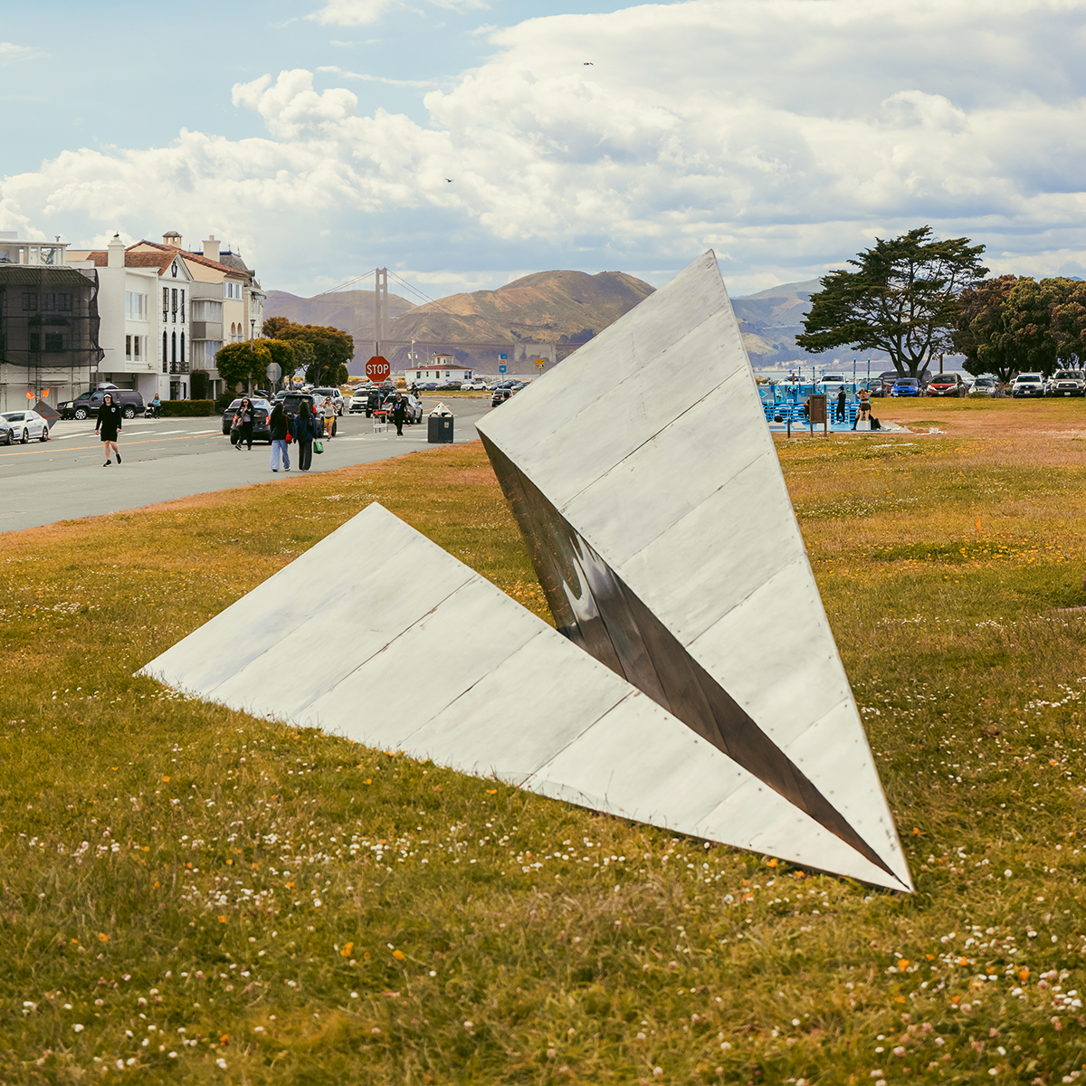 25-foot Launch Intention stainless steel sculpture at Marina Green Park in San Francisco.