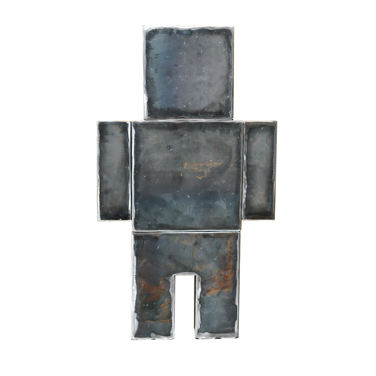 Front view of the FIGURE_2 sculpture in raw steel on a white background.