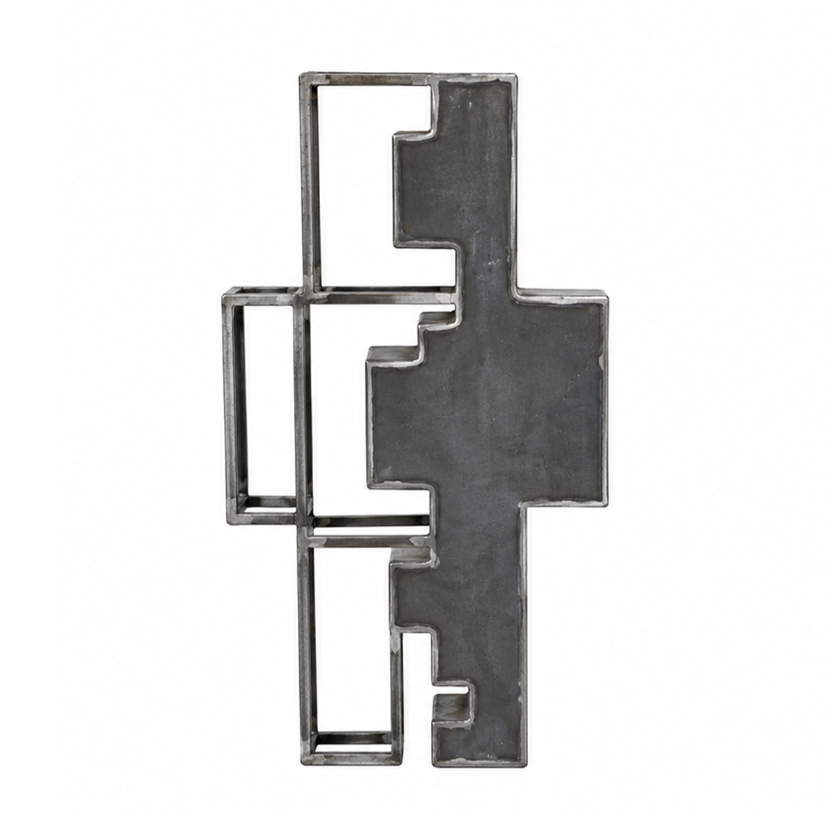 Front view of the FIGURE_3 raw steel sculpture on a white background.
